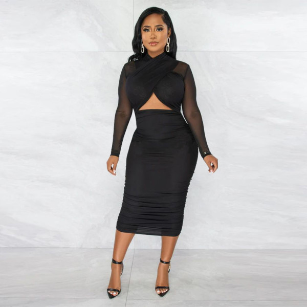 Solid Color Patchwork Pencil Skirt Women's Irregular Dress