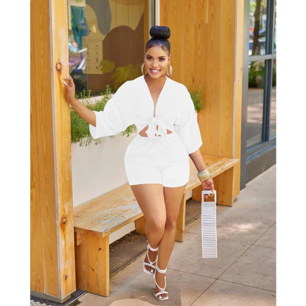 Fashion Women's Solid Color Shorts Mid Sleeve Faux Shirt Jumpsuit