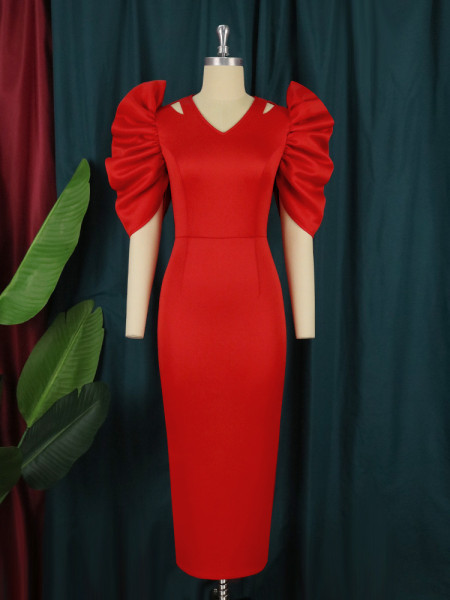 Plus Size S-4XL Cutout Round Neck Solid Pleated High Waist Slim Fit Banquet Party Pencil Skirt Dress