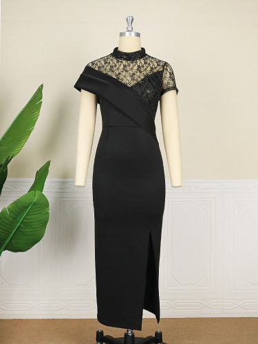 Plus Size New Round Neck Lace Vintage Dress Ruffle Short Sleeves