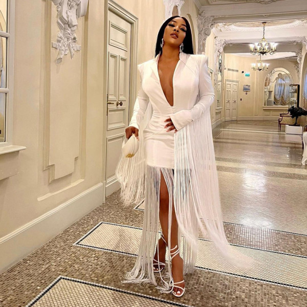Women's Deep V Neck Sexy Waist Tight Long Sleeve Fringe Dress Dress