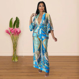 Simulated silk print wide leg pants two-piece multi-color optional