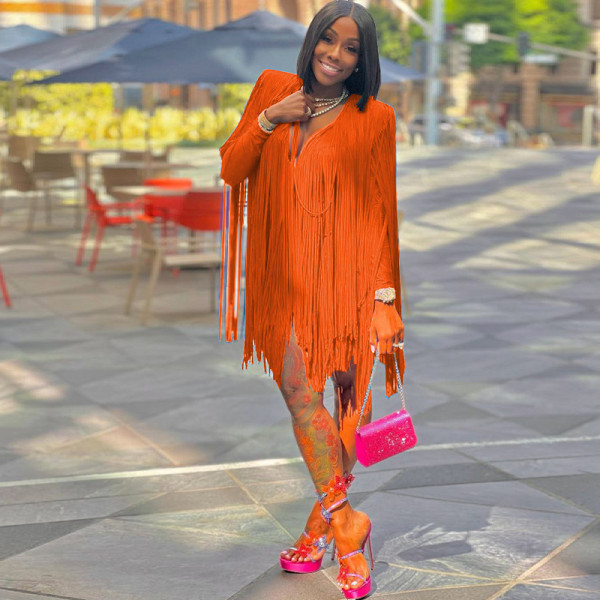Women's Dresses Fall Fashion V Neck Long Sleeve Party Dresses Fringe Skirts