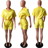 Lapel Zip Solid Drawstring Shorts Two-Piece Set