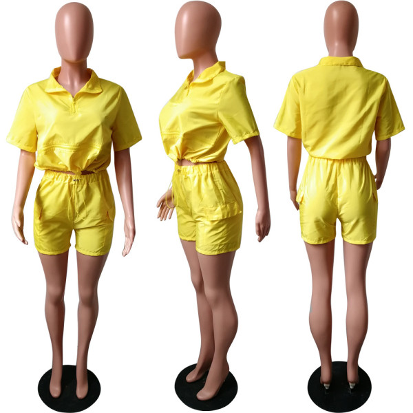 Lapel Zip Solid Drawstring Shorts Two-Piece Set