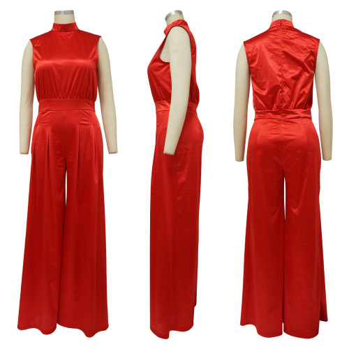 Still Wide Leg Pants Solid Color Turtleneck Sleeveless Waist Jumpsuit