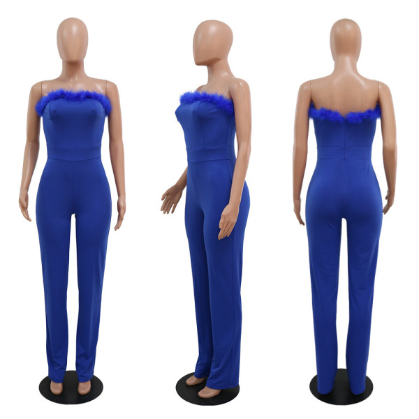 Fashion solid color wide leg pants Casual sleeveless tube top jumpsuit