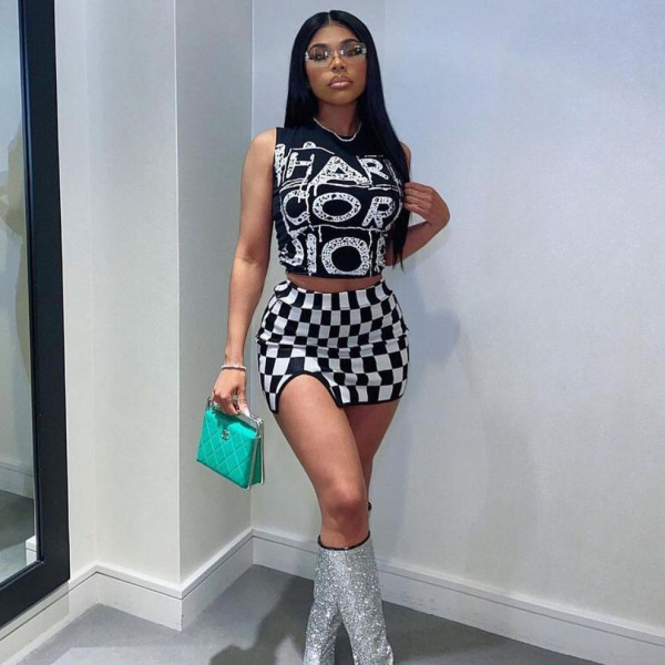 Fashion Slightly Slit Skirt Two Piece Checkered Vest Short Skirt Set