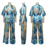 Simulated silk print wide leg pants two-piece multi-color optional