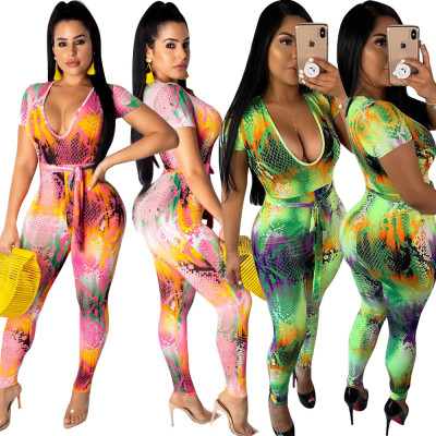 Sexy U-Neck Snake Print Bodysuit