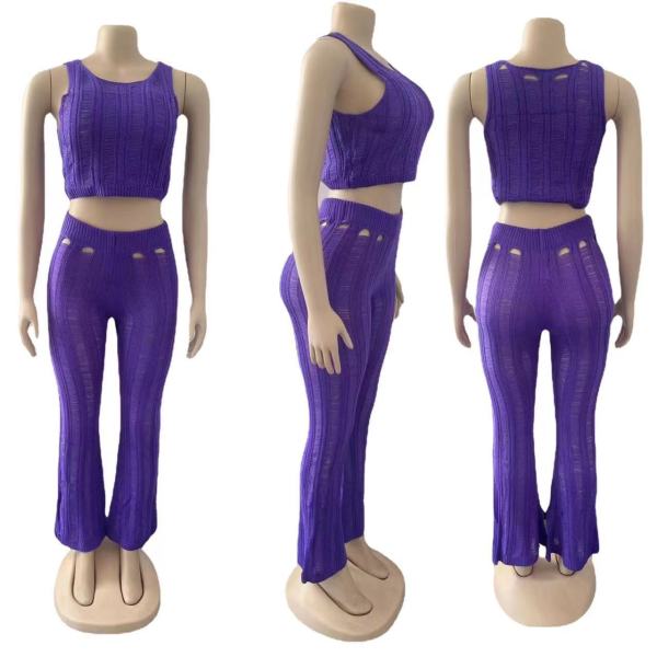 Round neck sleeveless sexy cropped navel fashion ripped knitted suit
