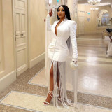 Women's Deep V Neck Sexy Waist Tight Long Sleeve Fringe Dress Dress