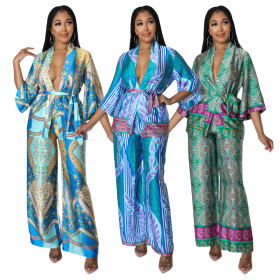 Simulated silk print wide leg pants two-piece multi-color optional