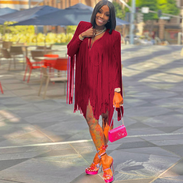Women's Dresses Fall Fashion V Neck Long Sleeve Party Dresses Fringe Skirts