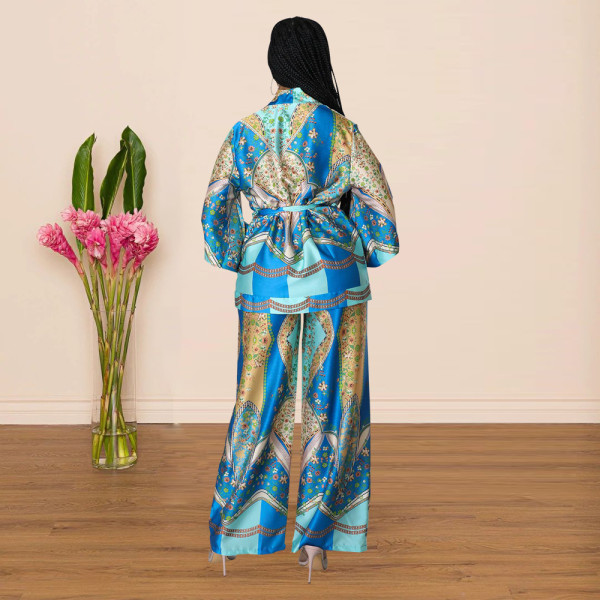 Simulated silk print wide leg pants two-piece multi-color optional