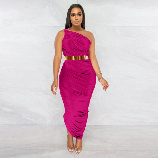 Multicolor Casual Sexy Package Hip Skirt Slanted Shoulder Slim Dress