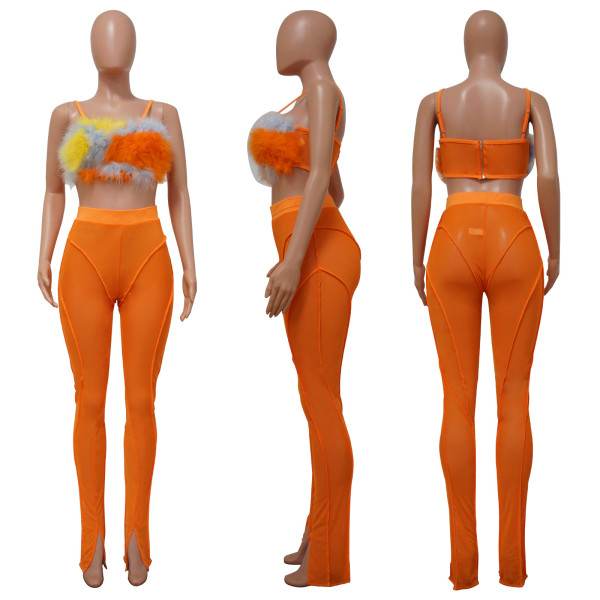 Sexy Nightclub Pants Ostrich Hair Sleeveless Sling Two-Piece Set