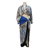 Women's Lantern Sleeve Blue Skirt Set Print Two Piece