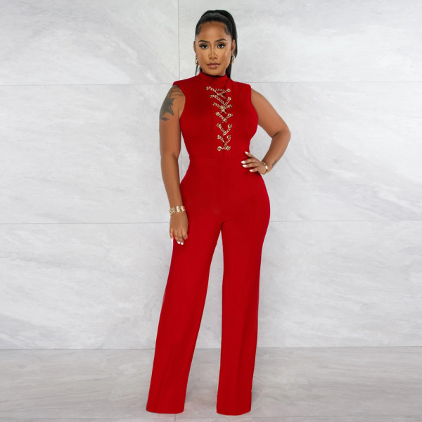 Fashion Solid Color Casual Jumpsuit Casual Round Neck Sleeveless