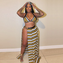 Women's Sexy Metal Ornament High Slit Print Dress 3-Piece Set
