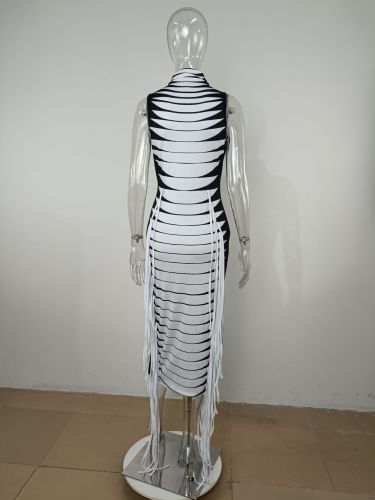 Sexy Skinny Turtleneck Sleeveless Tank Top Two Tone Fringe Long Dress