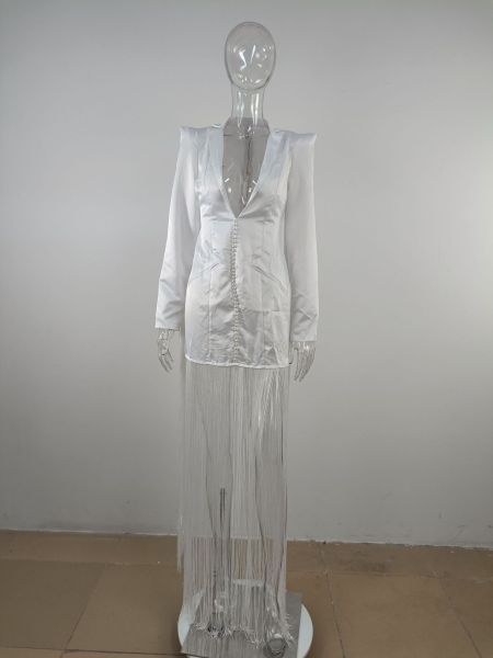 Women's Deep V Neck Sexy Waist Tight Long Sleeve Fringe Dress Dress
