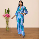 Simulated silk print wide leg pants two-piece multi-color optional