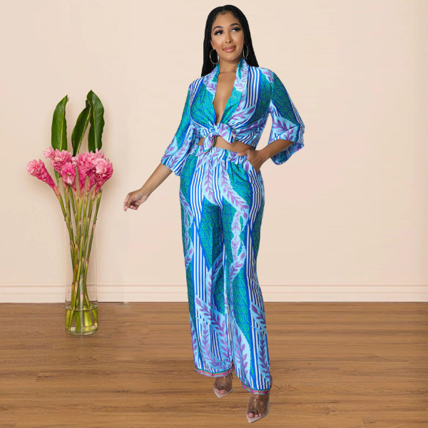 Simulated silk print wide leg pants two-piece multi-color optional