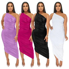 Multicolor Casual Sexy Package Hip Skirt Slanted Shoulder Slim Dress