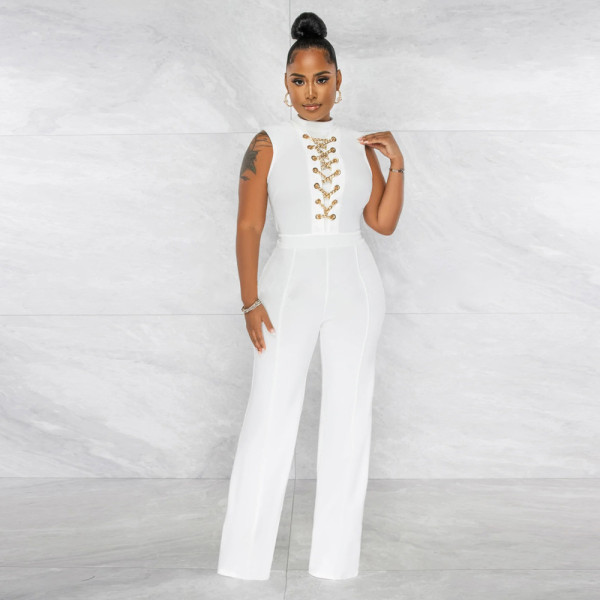 Fashion Solid Color Casual Jumpsuit Casual Round Neck Sleeveless