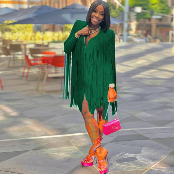 Women's Dresses Fall Fashion V Neck Long Sleeve Party Dresses Fringe Skirts