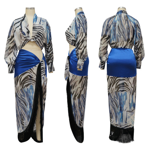 Women's Lantern Sleeve Blue Skirt Set Print Two Piece
