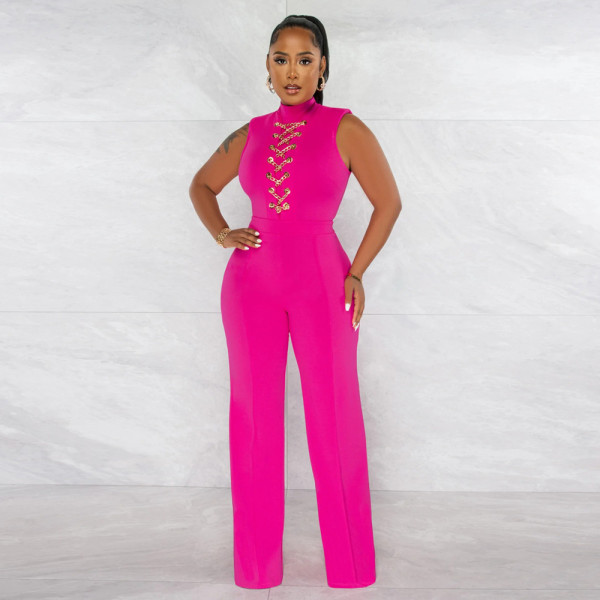 Fashion Solid Color Casual Jumpsuit Casual Round Neck Sleeveless