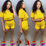 Lapel Zip Solid Drawstring Shorts Two-Piece Set