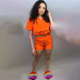 Lapel Zip Solid Drawstring Shorts Two-Piece Set