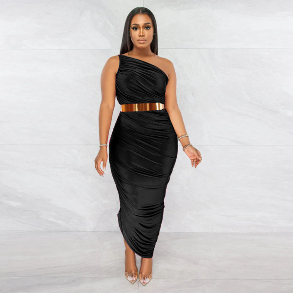 Multicolor Casual Sexy Package Hip Skirt Slanted Shoulder Slim Dress