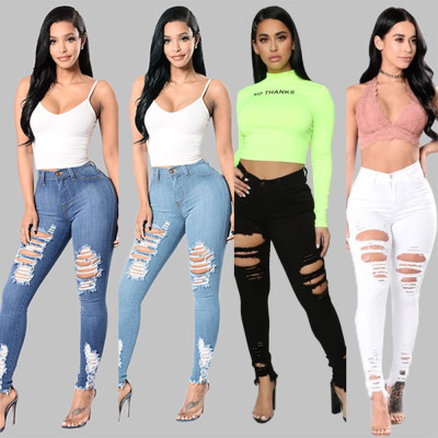 Elastic ripped slim fit large size women's trousers ripped pencil pants