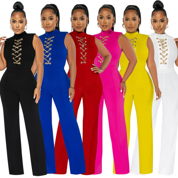 Fashion Solid Color Casual Jumpsuit Casual Round Neck Sleeveless
