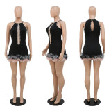 Halter neck polyester mesh stitching straight wool short dress plush skirt