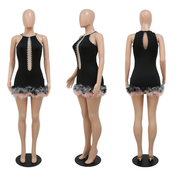 Halter neck polyester mesh stitching straight wool short dress plush skirt