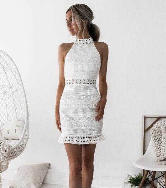 Water soluble hook flower sleeveless hip sexy turtleneck lace dress