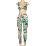 Printed Low Cut Sleeveless Slim Top High Waist Skinny Pants Set