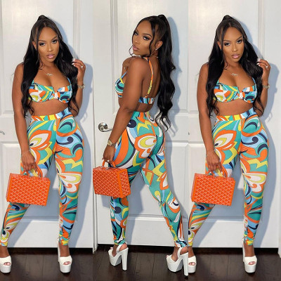 Printed Low Cut Sleeveless Slim Top High Waist Skinny Pants Set