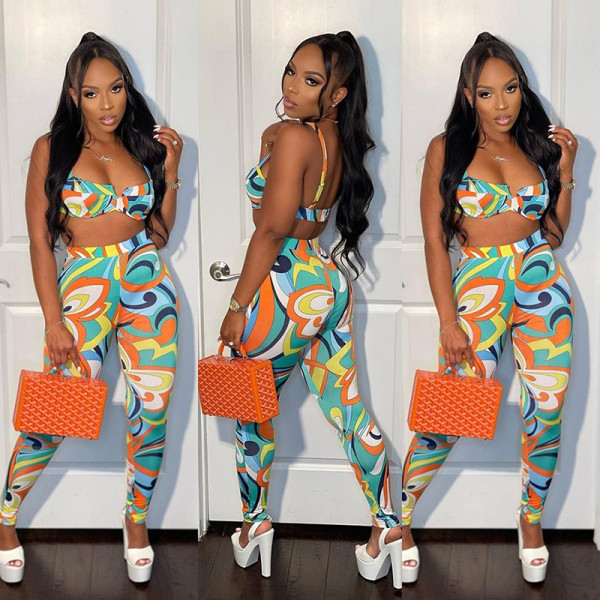Printed Low Cut Sleeveless Slim Top High Waist Skinny Pants Set