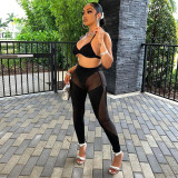 Fashion Patchwork Mesh Low Cut Vest High Waist Casual Suit