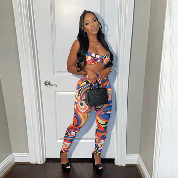 Printed Low Cut Sleeveless Slim Top High Waist Skinny Pants Set