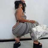 Fashion Print Low Cut Vest High Waist Casual Pants Set