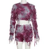 Sexy Print Contrast Color Long Sleeve Top High Waist Pack Hip Show Thin Shorts Suit