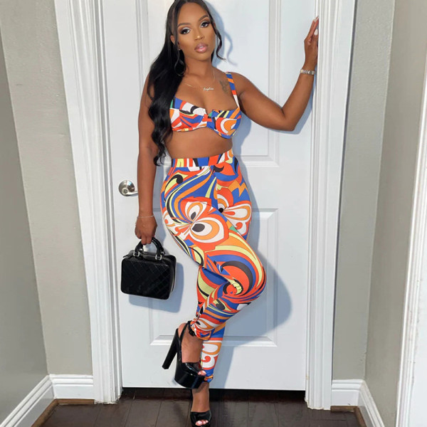 Printed Low Cut Sleeveless Slim Top High Waist Skinny Pants Set