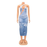 Women's Fashion Spot Skinny Printed Hollow Sling Sleeveless Dress